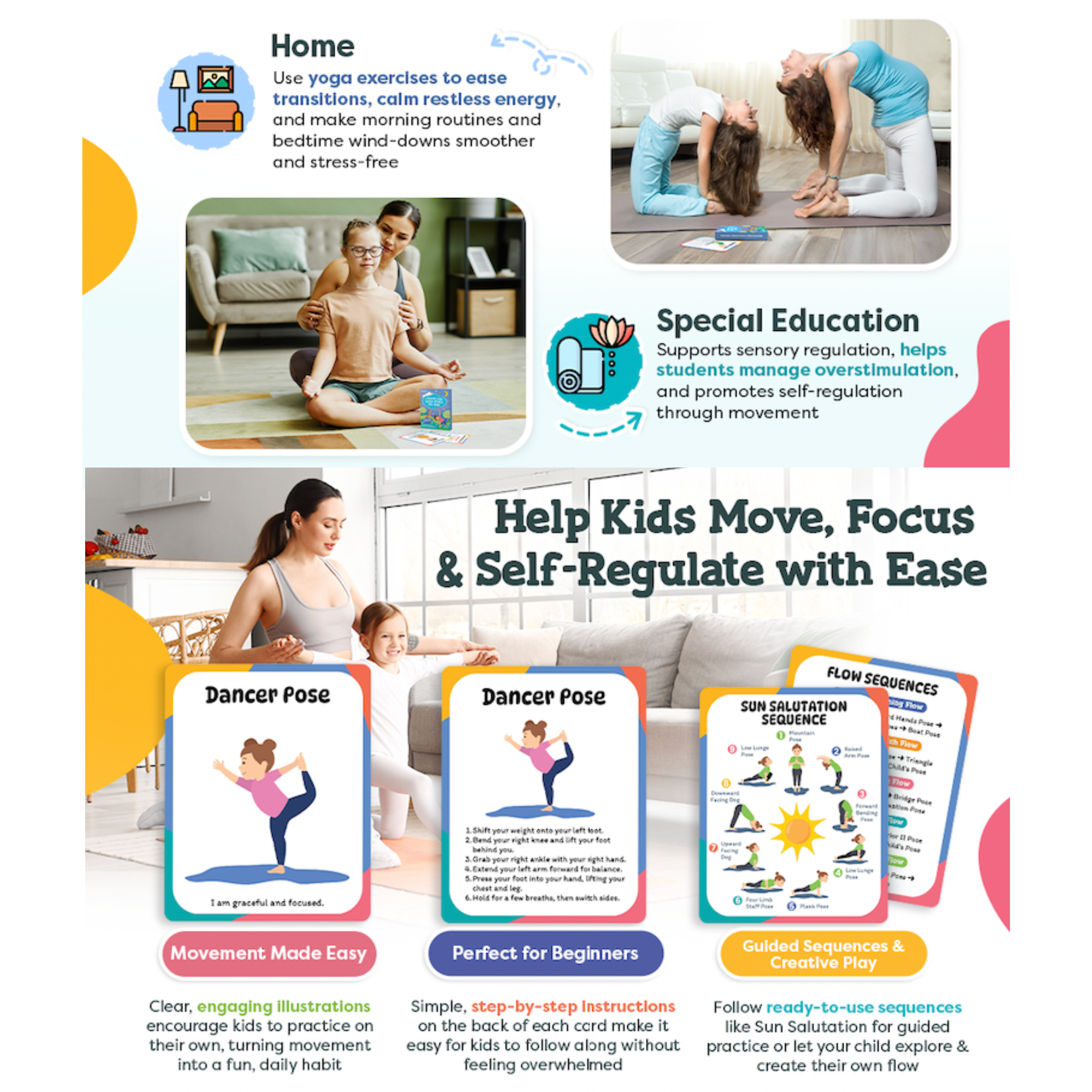 Yoga cards and posters for kids with illustrations and text on a white background